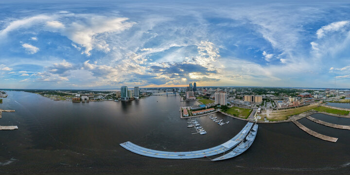 Aerial 360 VR photo of Downtown Jacksonville by commercial port docks and stadiums 2026