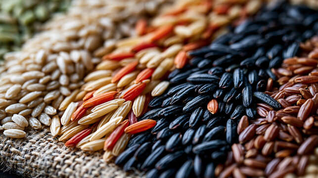 Heritage grain rice varieties arranged in parallel rows on raw linen flat lay, jasmine arborio and forbidden rice kernels compared at macro level, agricultural taxonomy reference for whole food pack