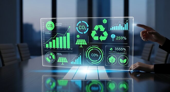 Futuristic holographic display shows eco-friendly data and charts