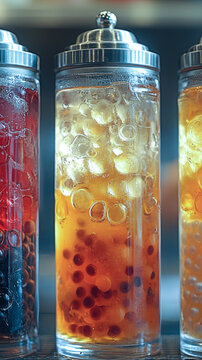 A collection of jars filled with various types of jellies for display or use