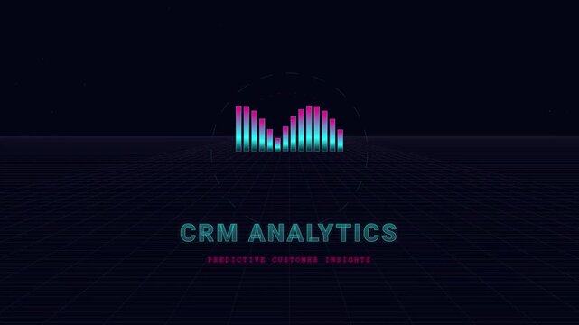 CRM digital software interface display business technology automation. Cyberpunk background with customer data analytics management platform. Retro neon grid present predictive insight solution.