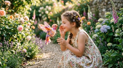 Fototapeta premium A young girl in a floral dress feeding a colorful hummingbird in a lush garden with blooming flowers.