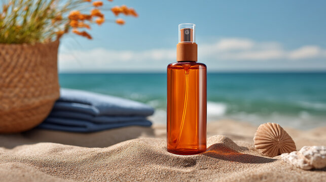 Sunscreen oil spray bottle on beach sand near ocean with sun protection