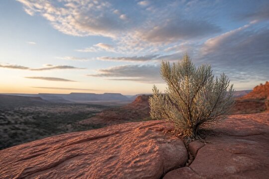 Resilient sagebrush plant growing from a crack in red sandstone under a desert sky.
