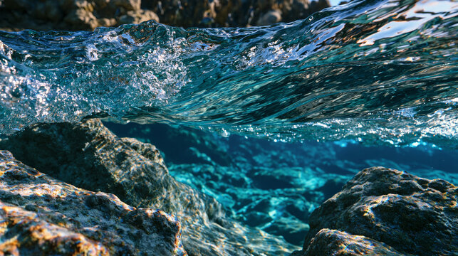 Ocean thermocline boundary layer renders dramatic horizontal visibility gradient, warm surface stratum transitioning into cold aphotic zone below halocline, underwater documentation showing buoyancy