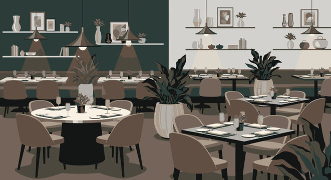 Modern elegant restaurant interior illustration with dining tables and plants