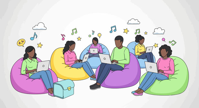 Diverse students sitting on bean bags using laptop computers
