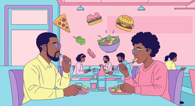 People eating fast food together in a colorful restaurant