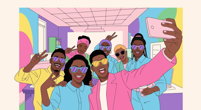 Group of diverse friends taking a colorful selfie together