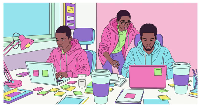 Young diverse creative team working together on laptops