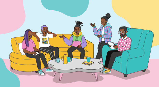 Group of diverse friends talking and sitting on sofas