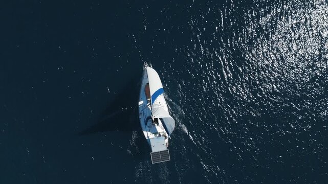 Aerial view of the sailing boat sailing in the sea near the islands close to the town of Paraty and Angra dos Reis in Brazil