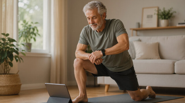 Senior man doing online workout following video instructions on digital tablet. Active elderly male training for physical rehabilitation and health maintenance. Fitness lifestyle.