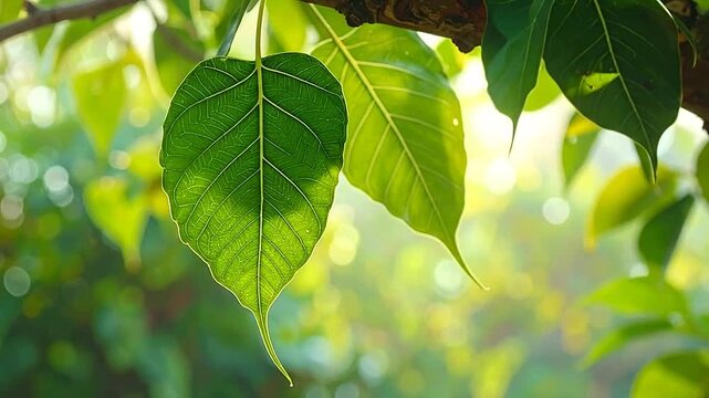 Sunlight filtering through green heart shaped leaves on a tree branch
