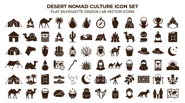 Desert Nomad Culture Icon Set - Flat Silhouette Design