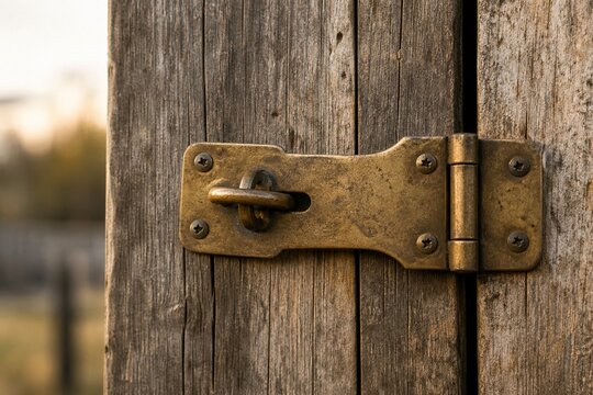 Vintage brass hasp and staple on weathered wooden door, rustic security and antique hardware concept.