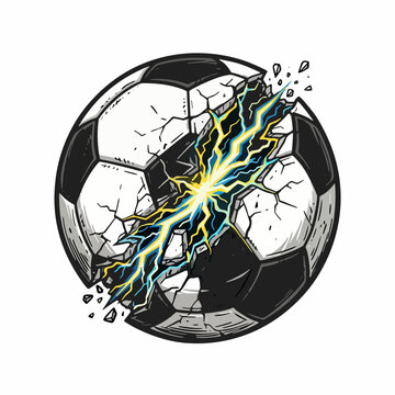 Soccer ball exploding with lightning on a white background for cut-out