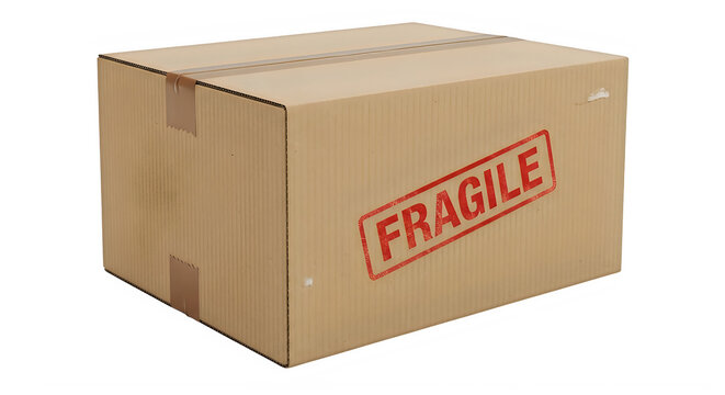 Brown cardboard box with fragile stamp for shipping isolated on transparent background, illustration