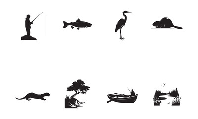 Obraz premium Png Isolated on Transparent Background Wildlife Hunting Silhouettes Set with Heron Crane Fisherman Fish and Dog Vector Icon