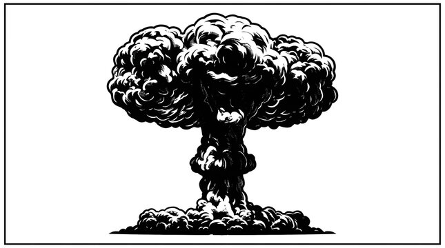 Black and white illustration of a large mushroom cloud nuclear explosion