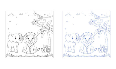 Fototapeta premium Png Isolated on Transparent Background Featuring Animal Jungle Scene Illustration with Elephant Lion and Playful Flowers