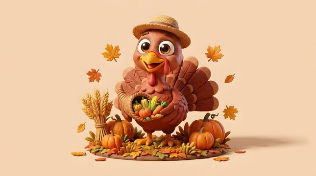 Cute cartoon turkey bird wearing a hat with pumpkins and autumn leaves for thanksgiving holiday