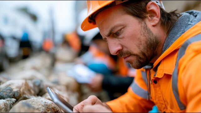 Construction worker in orange safety gear checks a stone wall site with a smartphone, showing building inspection and project supervision