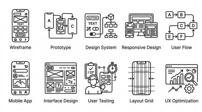 The image showcases various design concepts for mobile apps and websites including wireframes prototypes and user interfaces on screens.
