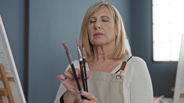 Woman painter holds paintbrushes in hand while examining tips at an easel in a studio; calm concentration.