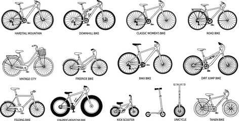 Bicycles types vector line icons set with hardtail mountain downhill road classic vintage city bmx dirt jump folding tandem bike kick scooter unicycle transport © Akter