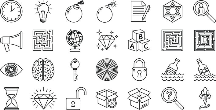 Escape room quest and riddle logic puzzle line icons set with maze brain key bomb lock hourglass secret message bottle and problem solving thinking symbols.