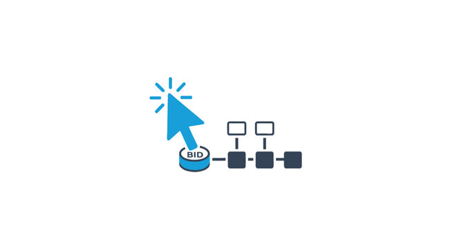 PPC bidding icon with cursor and ad blocks.