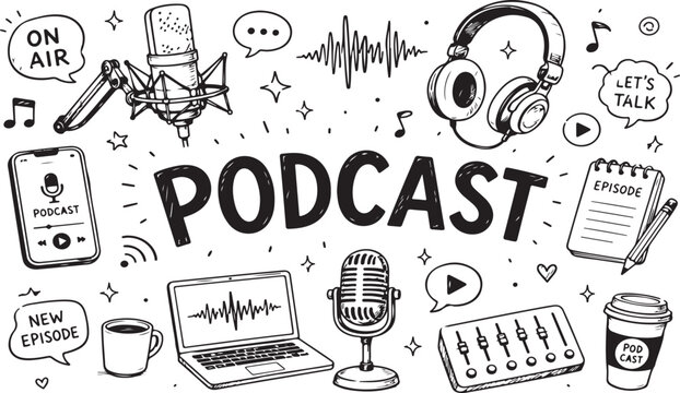 Hand drawn doodle set of podcast equipment and audio recording icons and elements