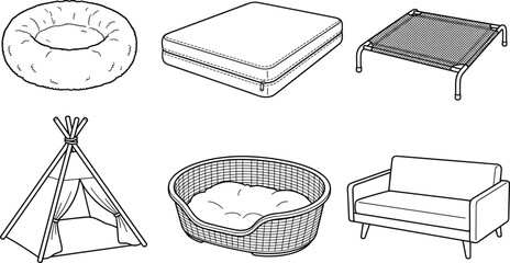 Pet Furniture and Accessories Collection with Dog Bed Cushion Cot Teepee Basket and Sofa Vector Illustration Set © Priyanka