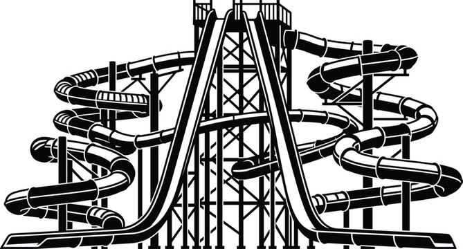 Water Park Water Slide Complex Vector Illustration with Twisted Pipes and High Speed Chutes