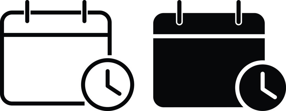 Calendar icons with clock symbol for schedule planner, deadline history date appointment reminder collection, vector graphic outline and silhouette illustration isolated on transparent background