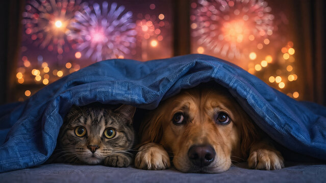 Cat and dog hiding together under blue blanket during fireworks