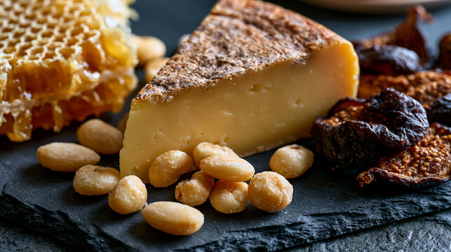 Artisan cheese board aerial composition featuring aged comt&eacute; wedge, honeycomb section, marcona almonds and dried figs arranged with negative space discipline, slate surface absorbing raking light, d