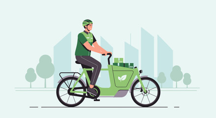 Fototapeta premium Eco-friendly delivery cyclist with cargo bike in city landscape - illustration