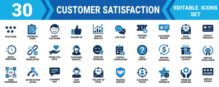 Set of 30 customer satisfaction blue icons for business feedback and service support communication and experience Vector