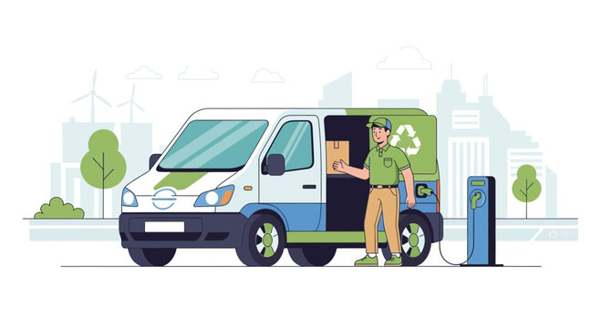 Eco-friendly delivery van charging with recycle logo and cityscape background