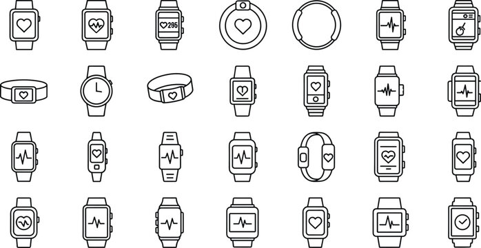 Smart watch and fitness tracker line icons set with heart rate monitor pulse tracker wearable gadget pedometer and health activity tracking interface symbols.