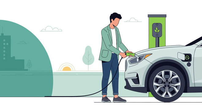 Man charging electric car at eco-friendly station, modern sustainability concept