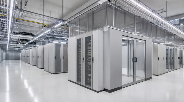 Bright white data center server room with rows of secure cabinets, cable trays, glass doors, and overhead lighting.