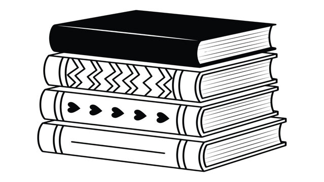 Books stacked in a vertical pile feature decorative patterns and heart motifs on the spines.
