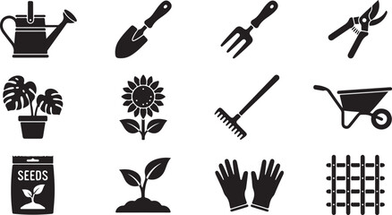 Black and white of seeds, gardening tools, and plant growth stages shovel spade © hosneara_studio