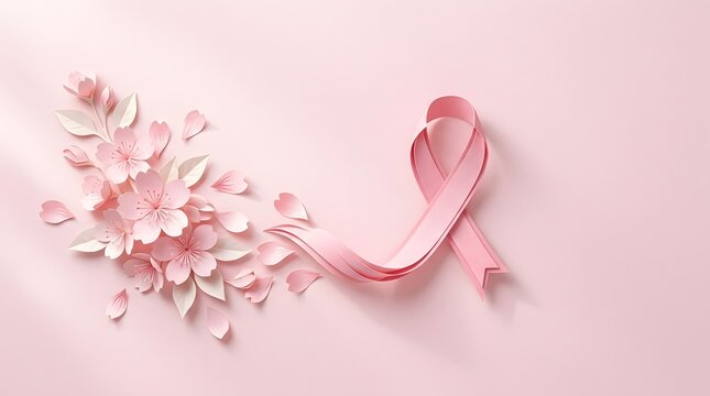 Breast cancer awareness month pink ribbon with cherry blossoms symbolizing hope and support