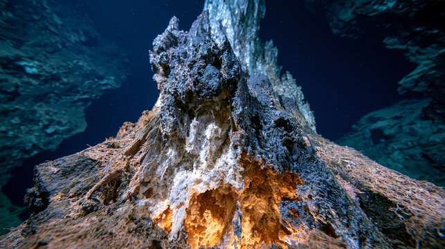 Deep sea hydrothermal vent chimney structure rising from basaltic ocean floor, mineral-laden superheated fluid precipitating iron sulfide tower edifice, dramatic low angle framing against abyssal da
