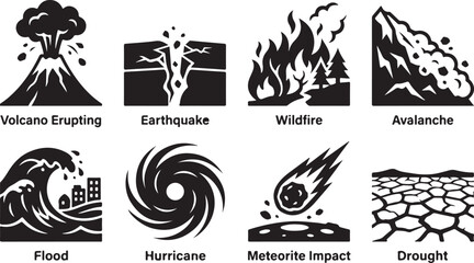 Of natural disasters: volcano, earthquake, wildfire, avalanche, flood, hurricane, meteorite impact, drought © hosneara_studio
