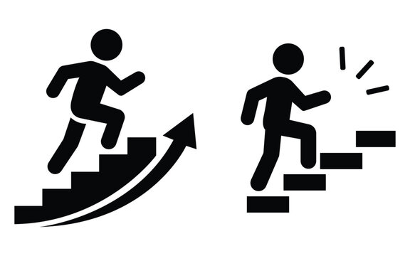 Running up and down stairs icon set representing movement exercise and direction